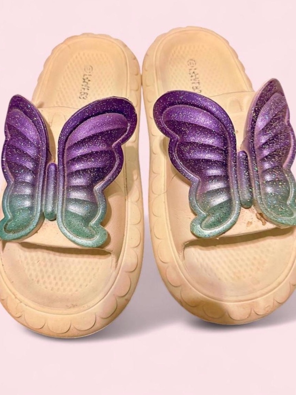 Glitter Butterfly Slide Sandals in Purple and Teal